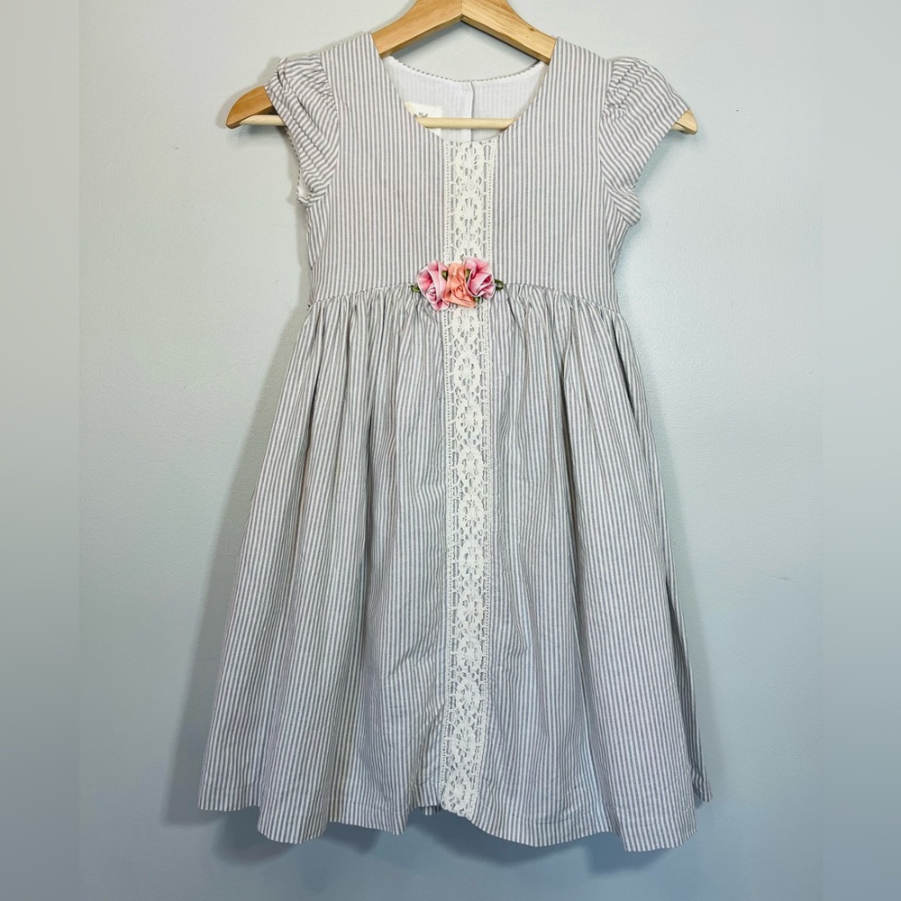 Laura Ashley Gray/White Striped Short Sleeve Dress Floral Accent Wedding Easter